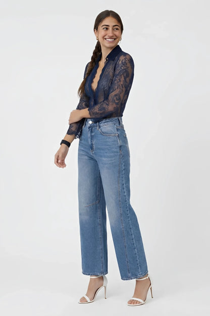 Alzya Elegant Lace Button-Up Shirt Blue