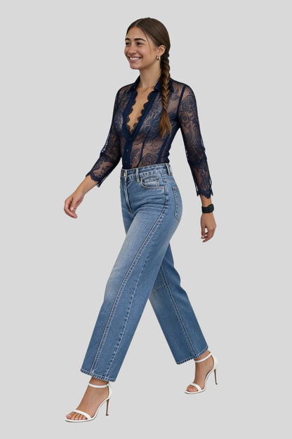 Alzya Elegant Lace Button-Up Shirt Blue