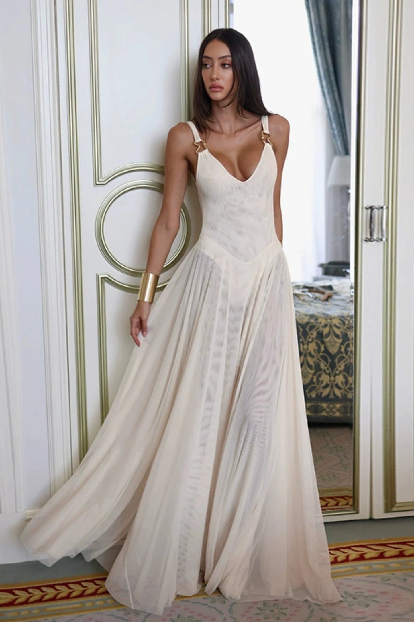 Alzya Elegant Long A-Line DRESS Beige