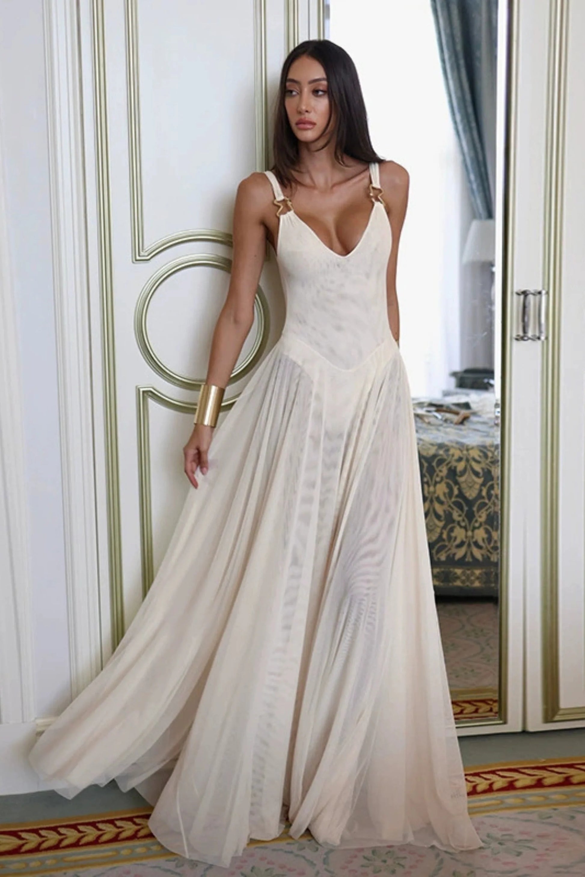 Alzya Elegant Long A-Line DRESS Beige
