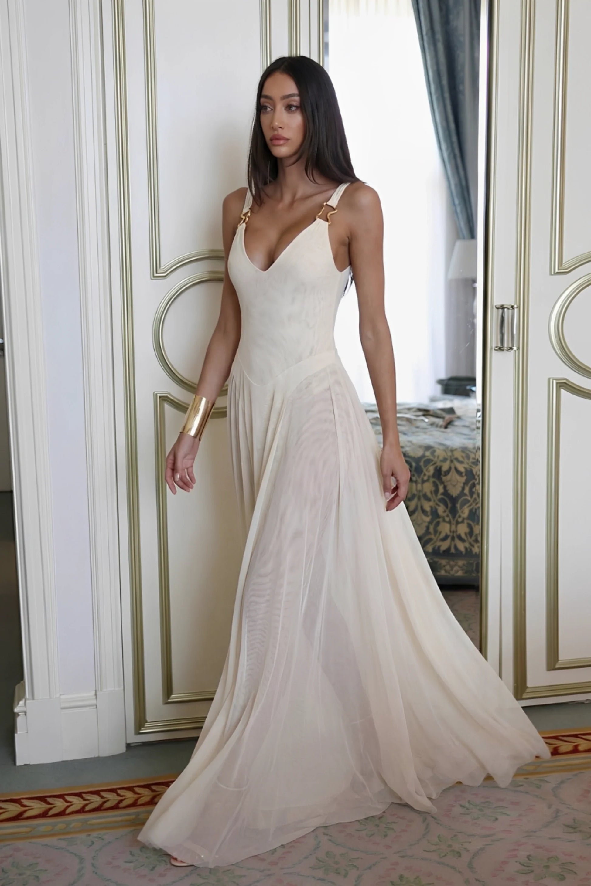Alzya Elegant Long A-Line DRESS Beige