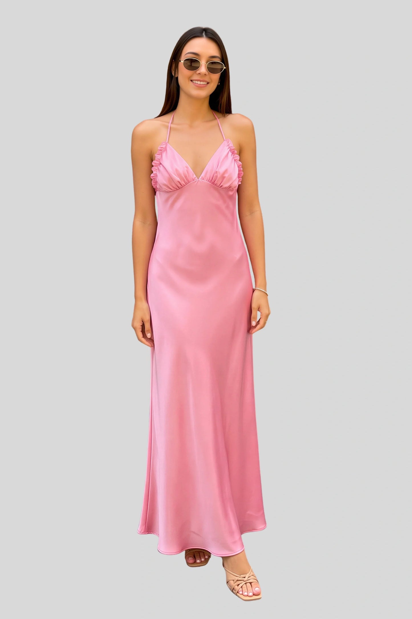 Elegant Satin Silk Slip Dress with Tie Straps Peach