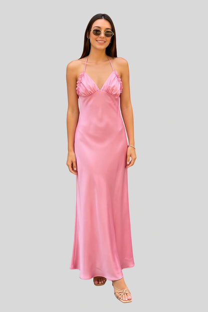Elegant Satin Silk Slip Dress with Tie Straps Peach