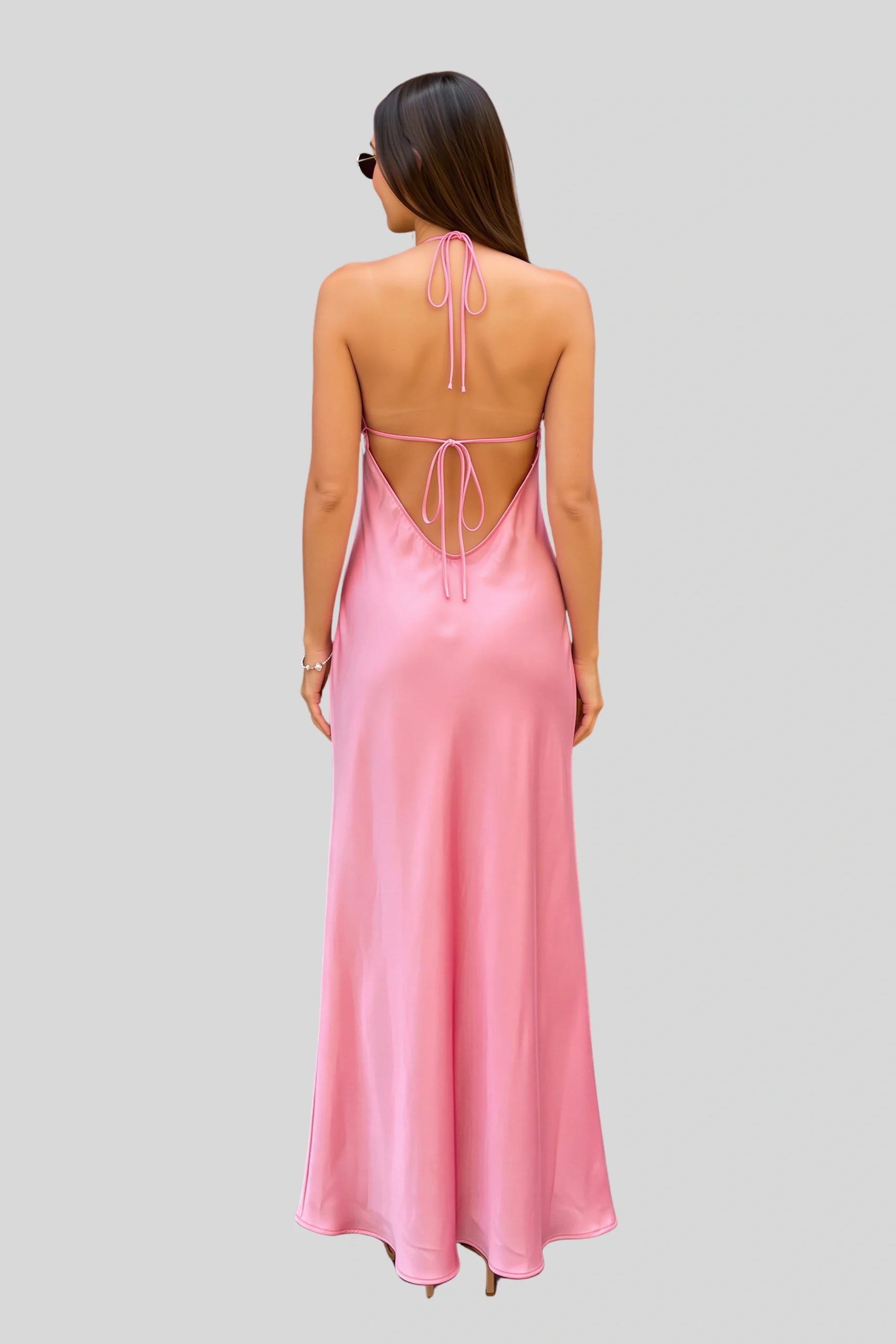 Elegant Satin Silk Slip Dress with Tie Straps Peach