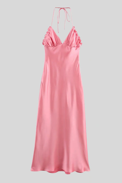 Elegant Satin Silk Slip Dress with Tie Straps Peach