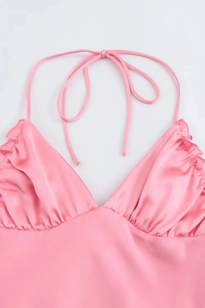 Elegant Satin Silk Slip Dress with Tie Straps Peach