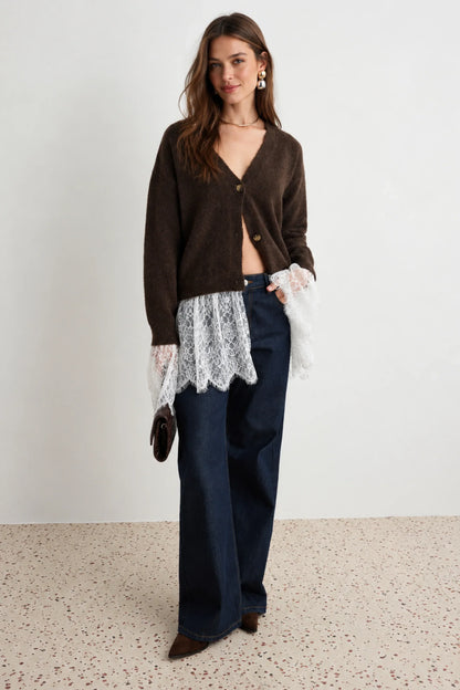 Éloise Chocolate Brown Lace-Trim Knit Cardigan Chocolate Brown