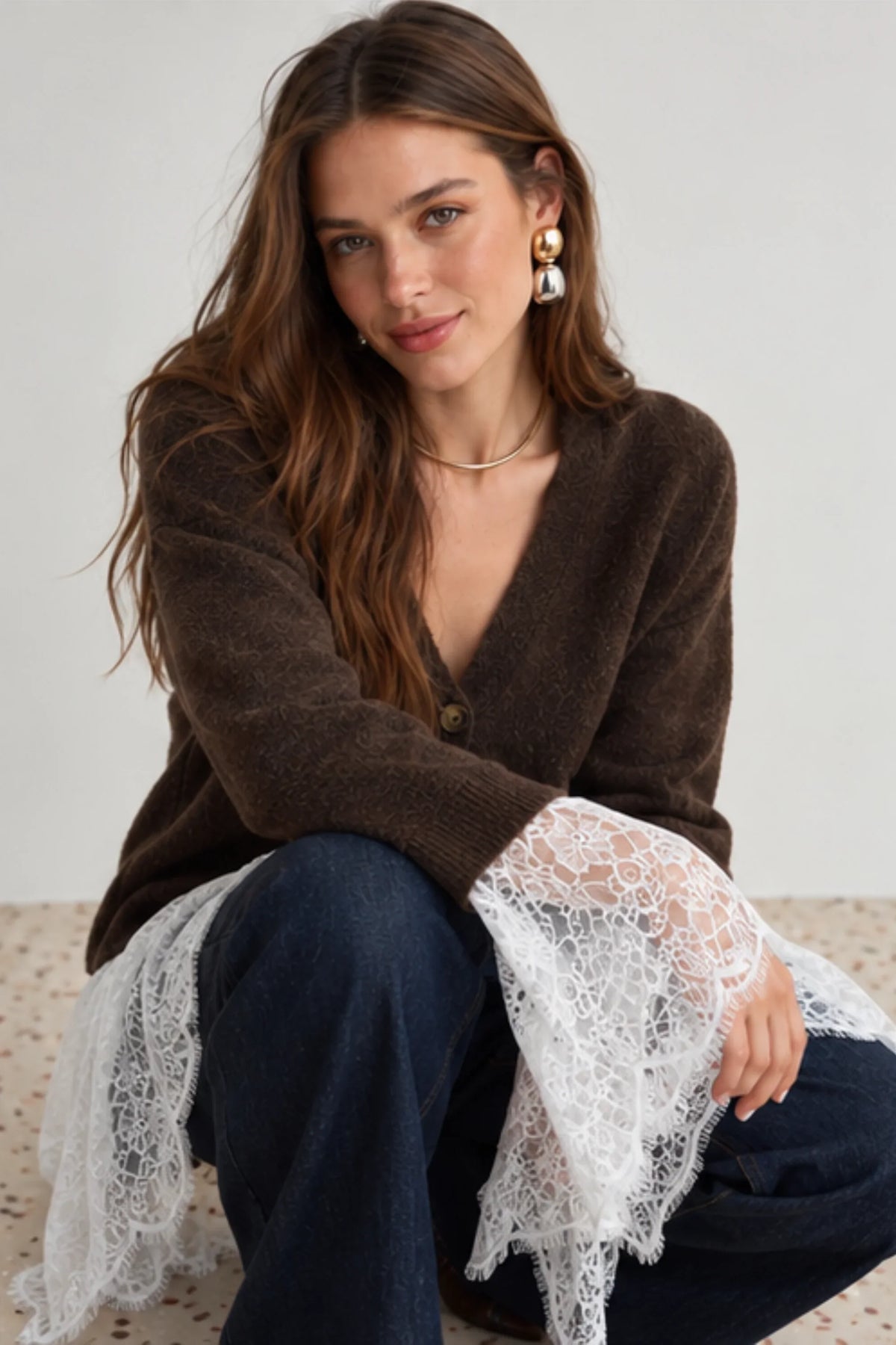 Éloise Chocolate Brown Lace-Trim Knit Cardigan Chocolate Brown