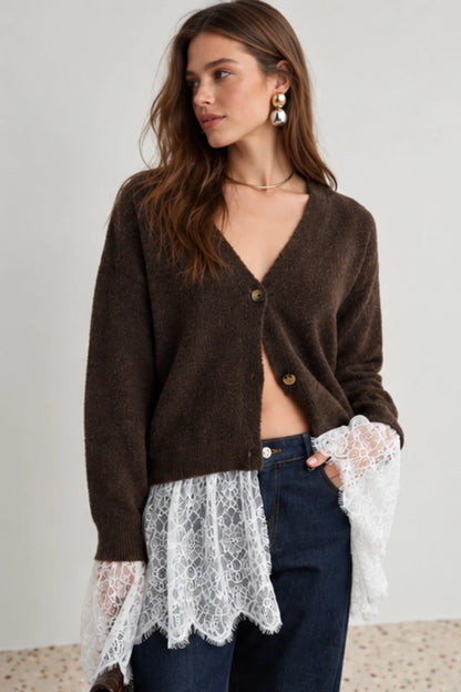 Éloise Chocolate Brown Lace-Trim Knit Cardigan Chocolate Brown