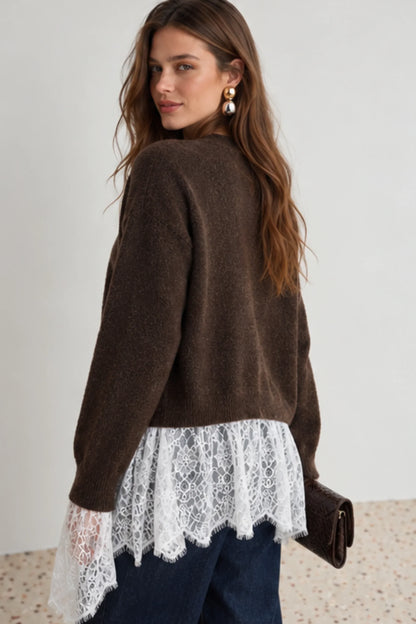Éloise Chocolate Brown Lace-Trim Knit Cardigan Chocolate Brown