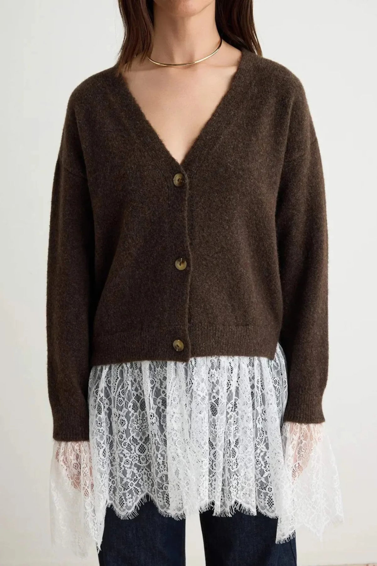 Éloise Chocolate Brown Lace-Trim Knit Cardigan Chocolate Brown
