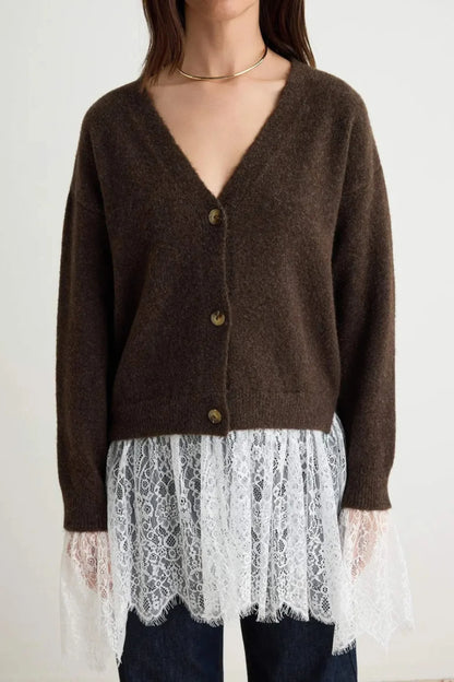 Éloise Chocolate Brown Lace-Trim Knit Cardigan Chocolate Brown