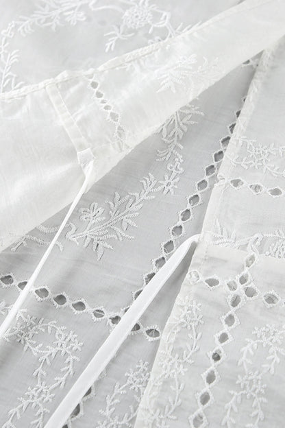 Embroidered Hollow-Out Stand-Collar Short Sleeve Blouse White