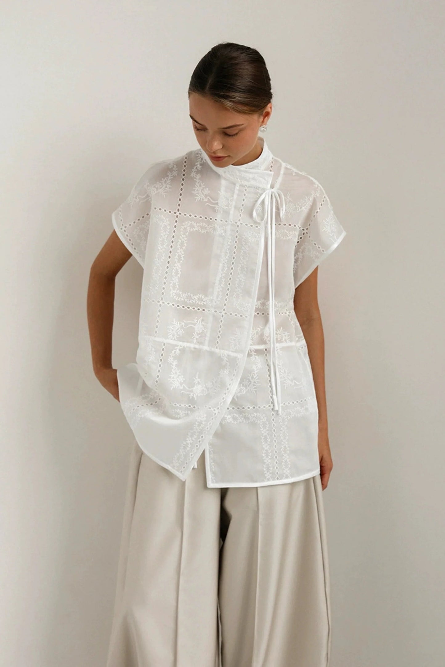 Embroidered Hollow-Out Stand-Collar Short Sleeve Blouse White