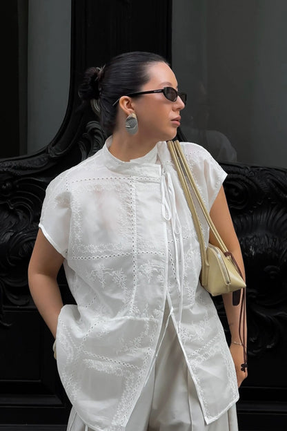 Embroidered Hollow-Out Stand-Collar Short Sleeve Blouse White