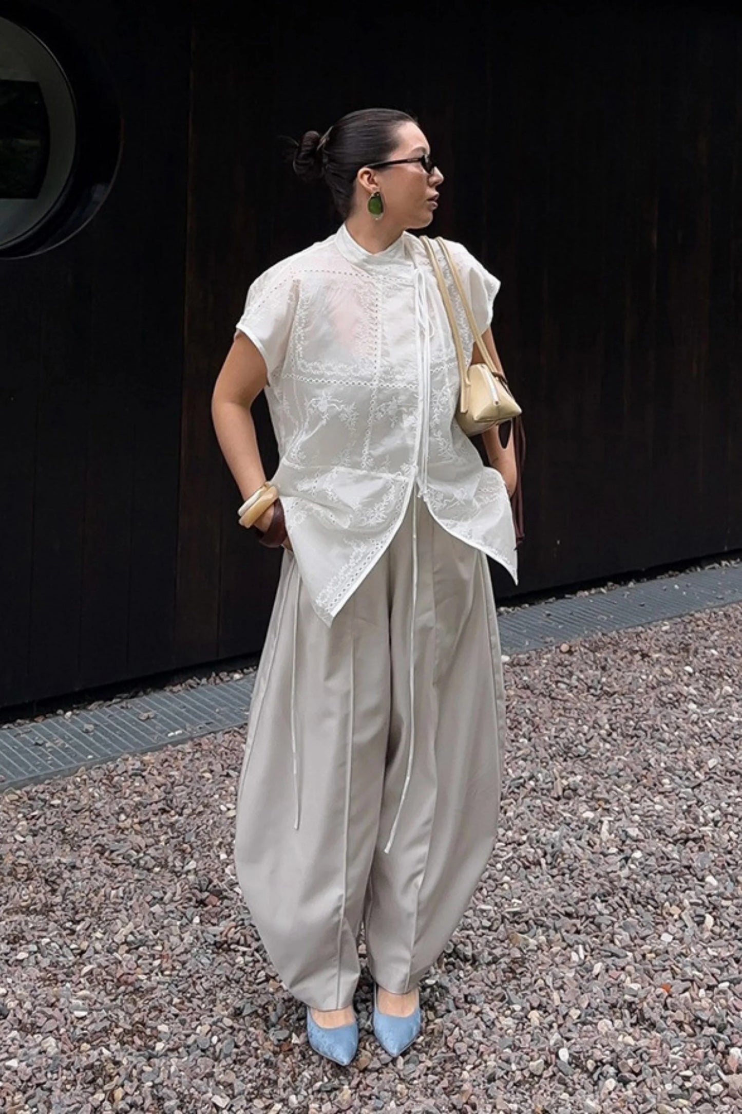 Embroidered Hollow-Out Stand-Collar Short Sleeve Blouse White