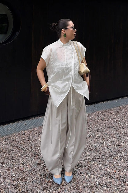 Embroidered Hollow-Out Stand-Collar Short Sleeve Blouse White