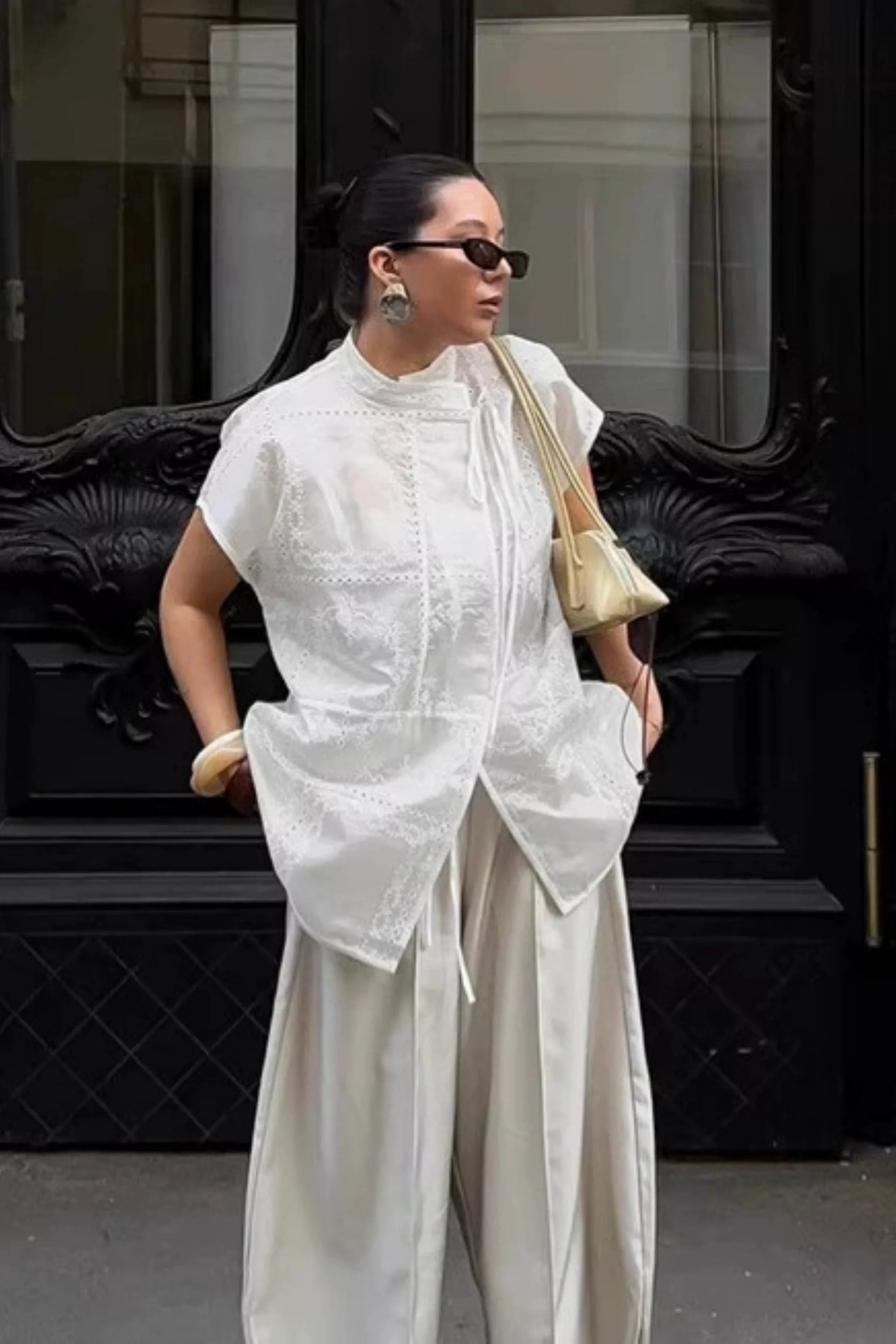 Embroidered Hollow-Out Stand-Collar Short Sleeve Blouse White