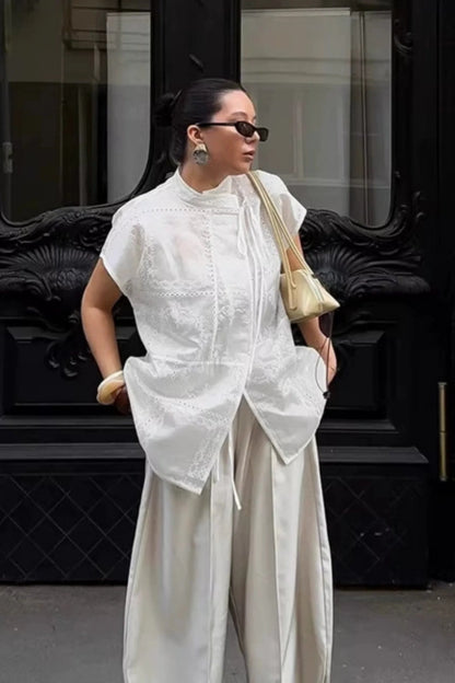 Embroidered Hollow-Out Stand-Collar Short Sleeve Blouse White