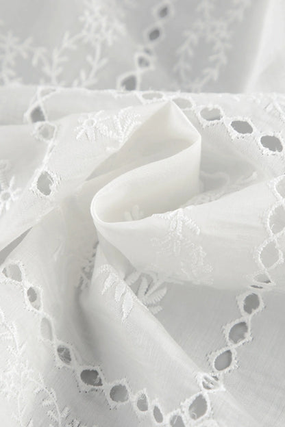 Embroidered Hollow-Out Stand-Collar Short Sleeve Blouse White