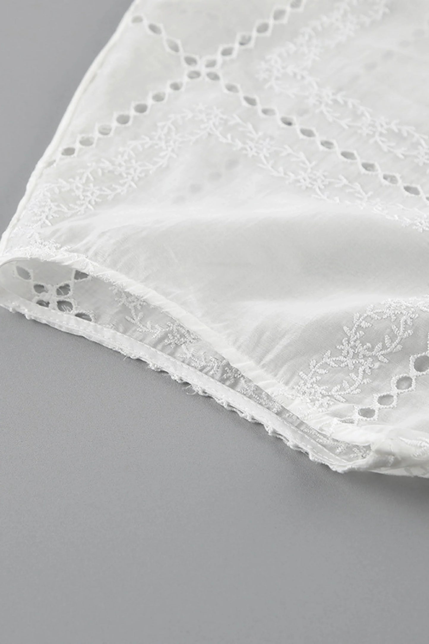 Embroidered Hollow-Out Stand-Collar Short Sleeve Blouse White