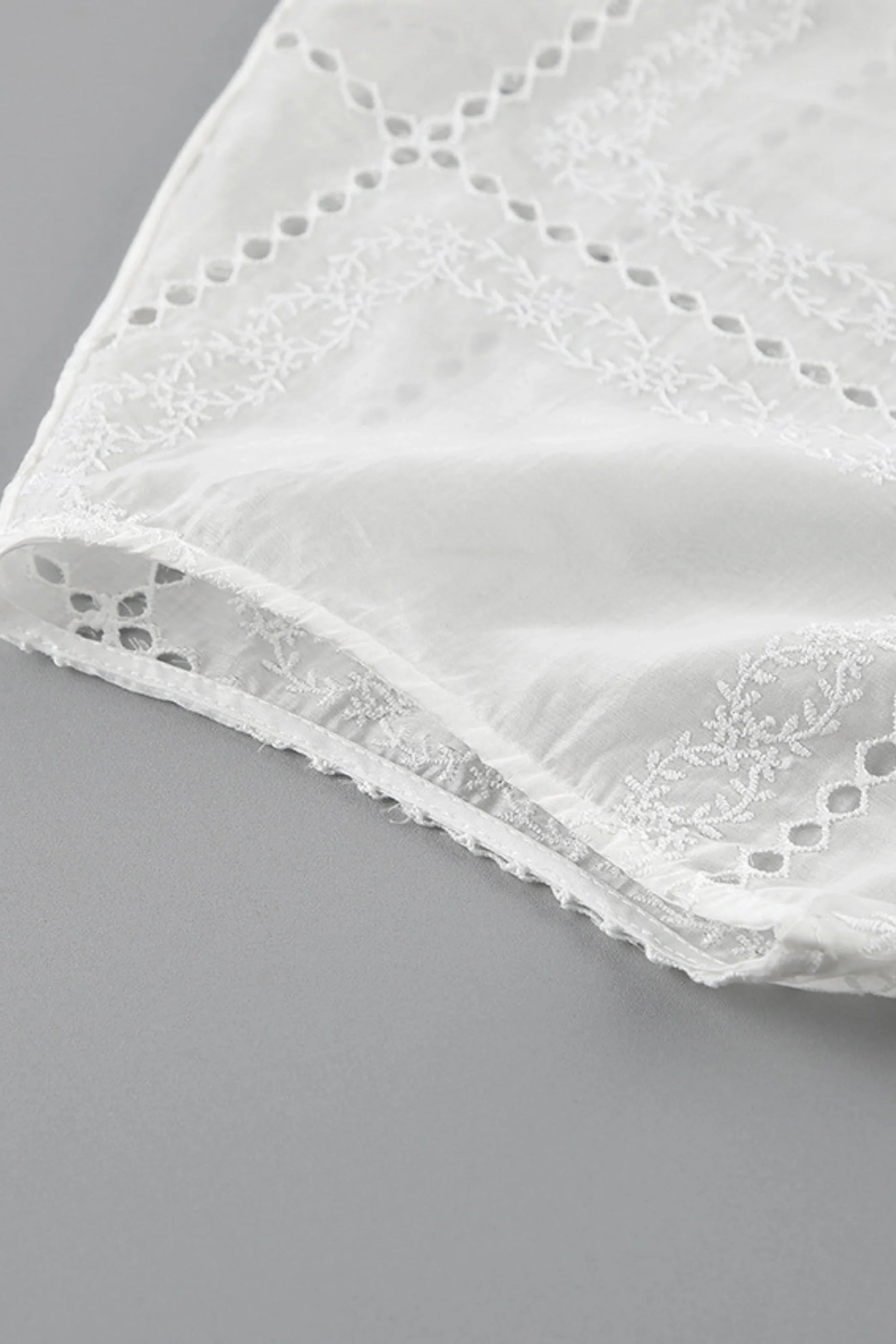 Embroidered Hollow-Out Stand-Collar Short Sleeve Blouse White