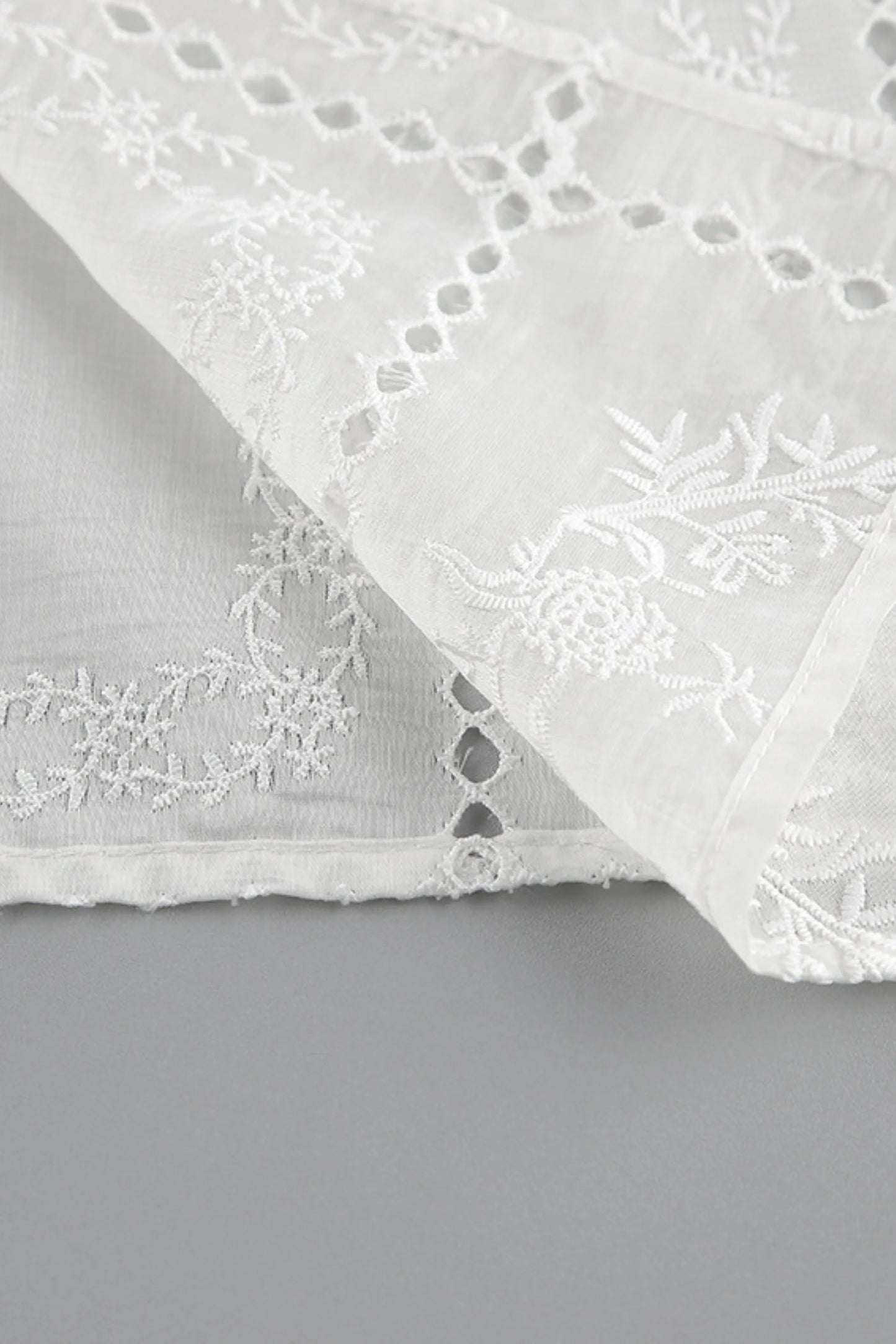 Embroidered Hollow-Out Stand-Collar Short Sleeve Blouse White