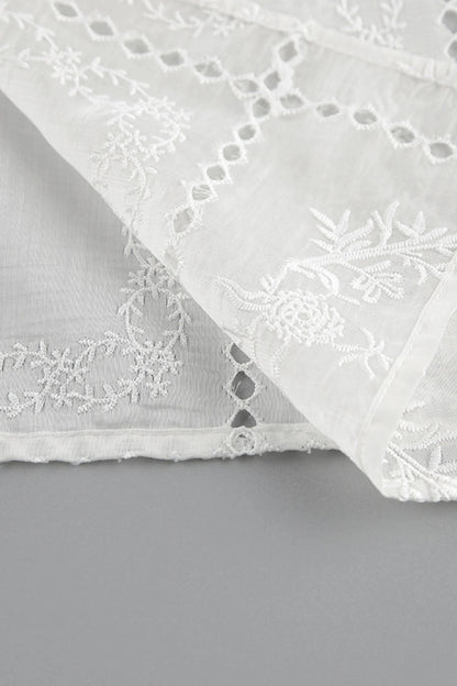 Embroidered Hollow-Out Stand-Collar Short Sleeve Blouse White