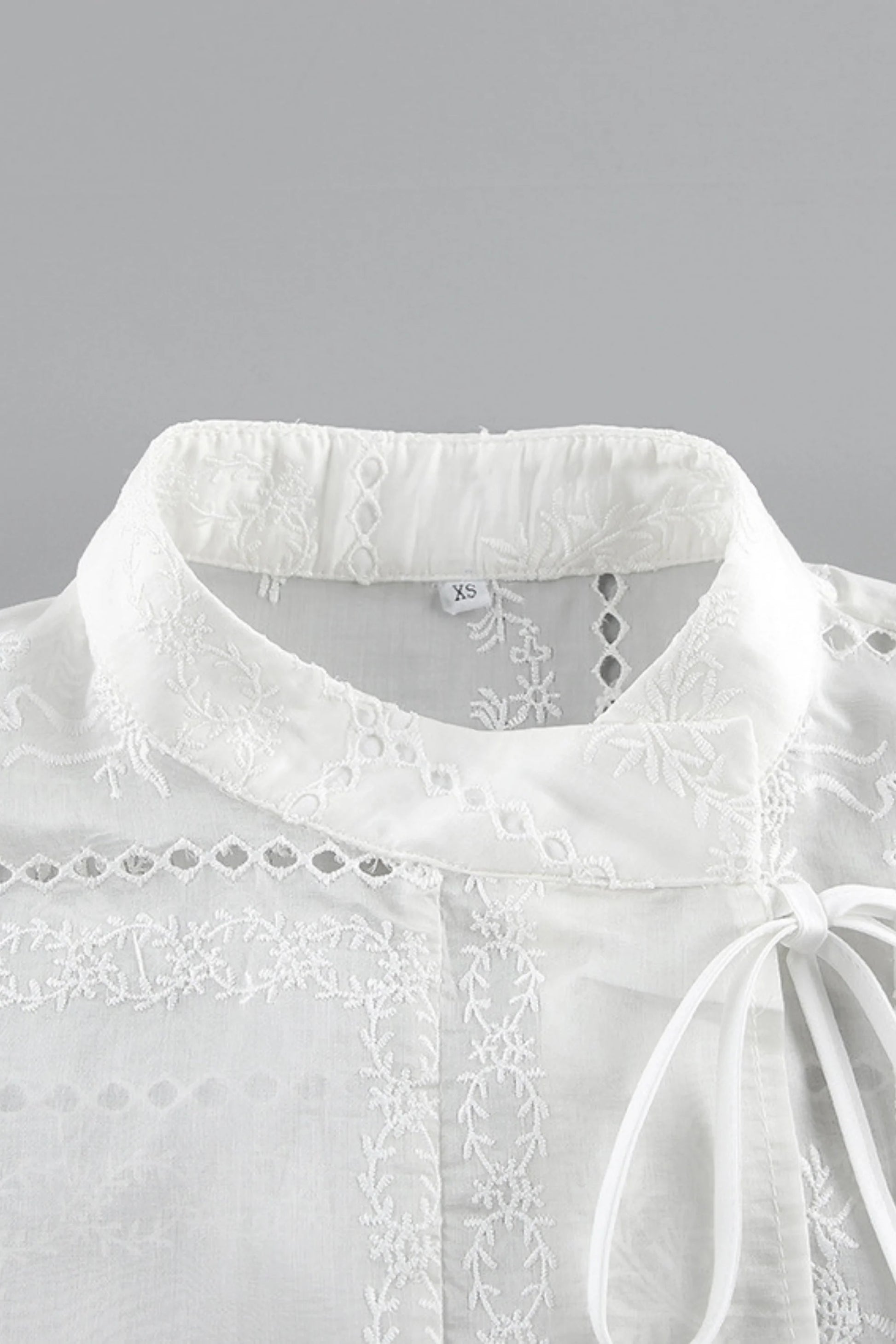 Embroidered Hollow-Out Stand-Collar Short Sleeve Blouse White