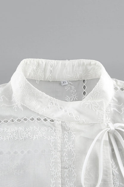 Embroidered Hollow-Out Stand-Collar Short Sleeve Blouse White