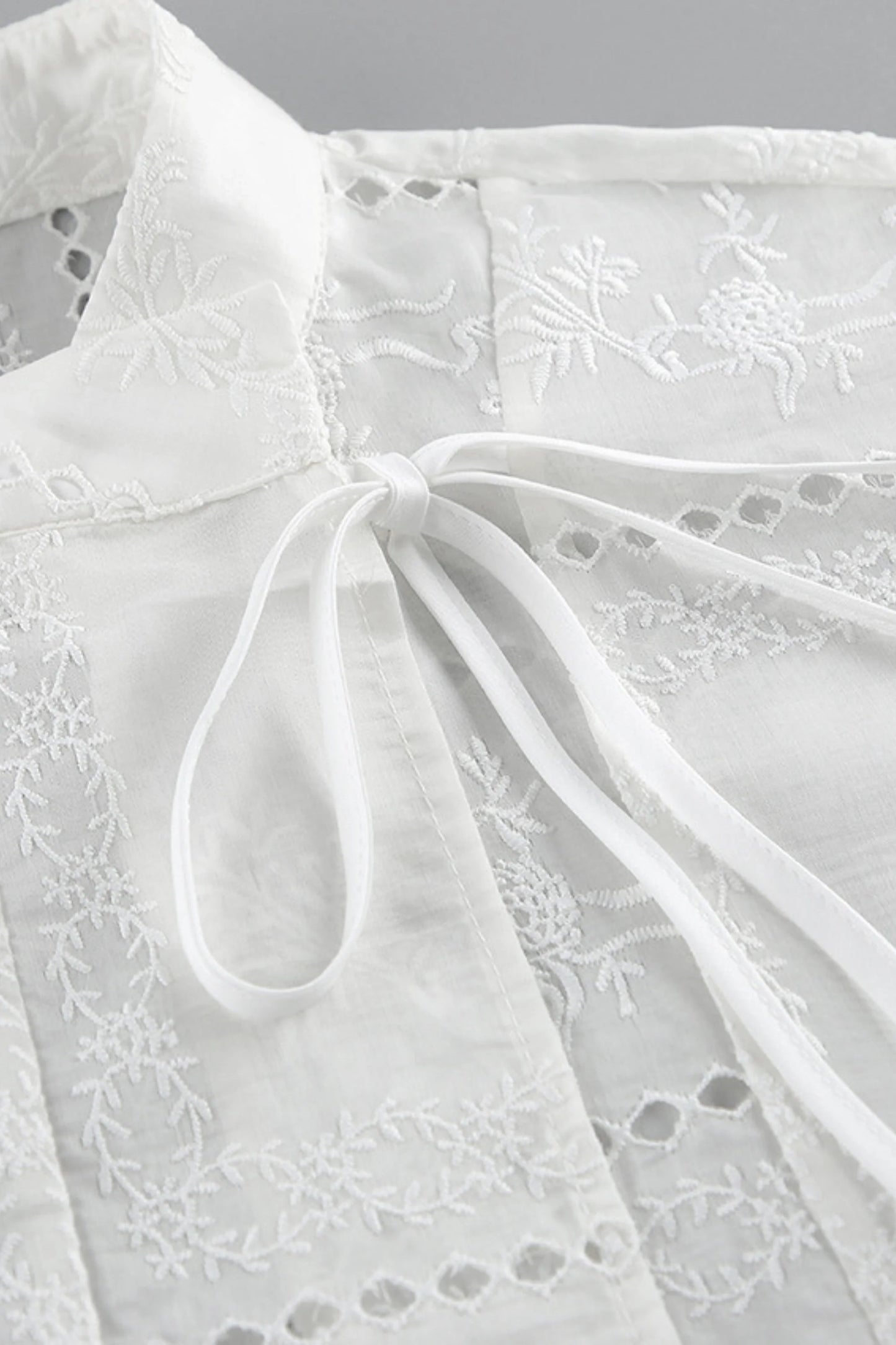 Embroidered Hollow-Out Stand-Collar Short Sleeve Blouse White