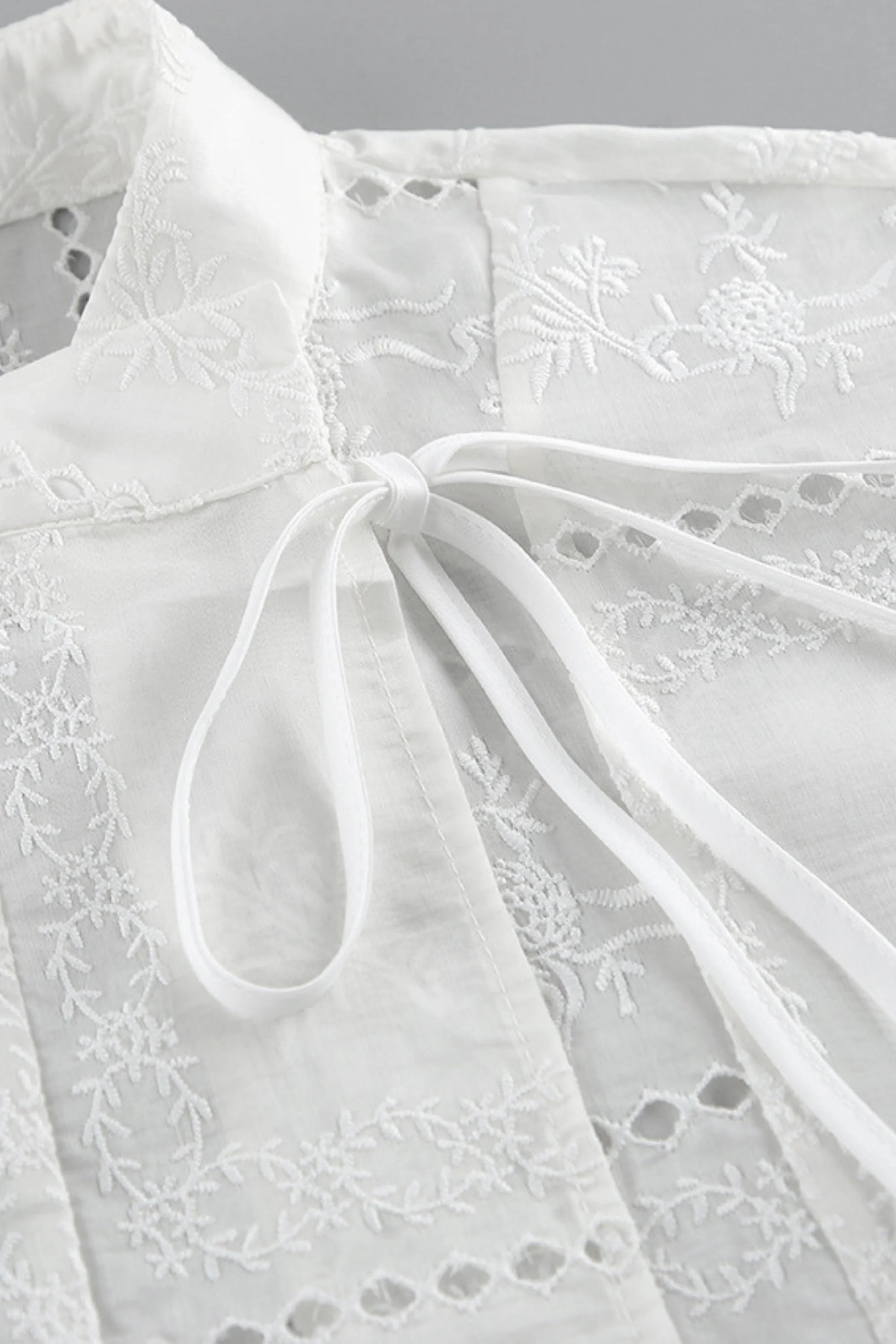 Embroidered Hollow-Out Stand-Collar Short Sleeve Blouse White