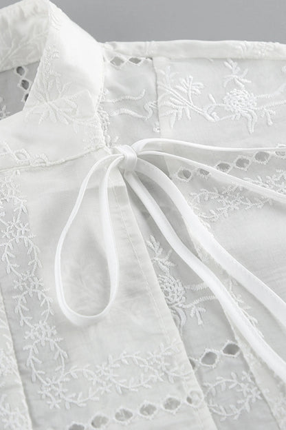 Embroidered Hollow-Out Stand-Collar Short Sleeve Blouse White