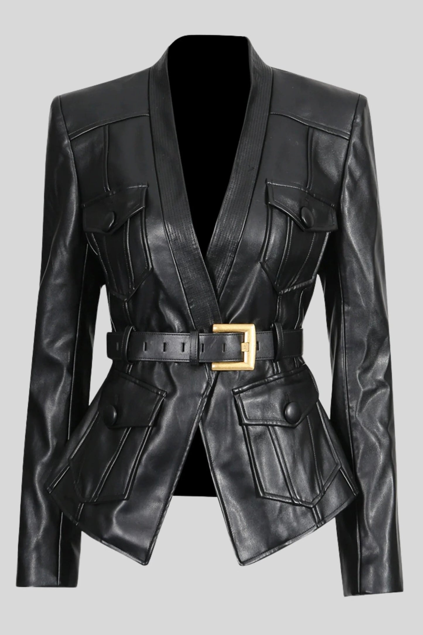 Faux Leather Belted Blazer Black