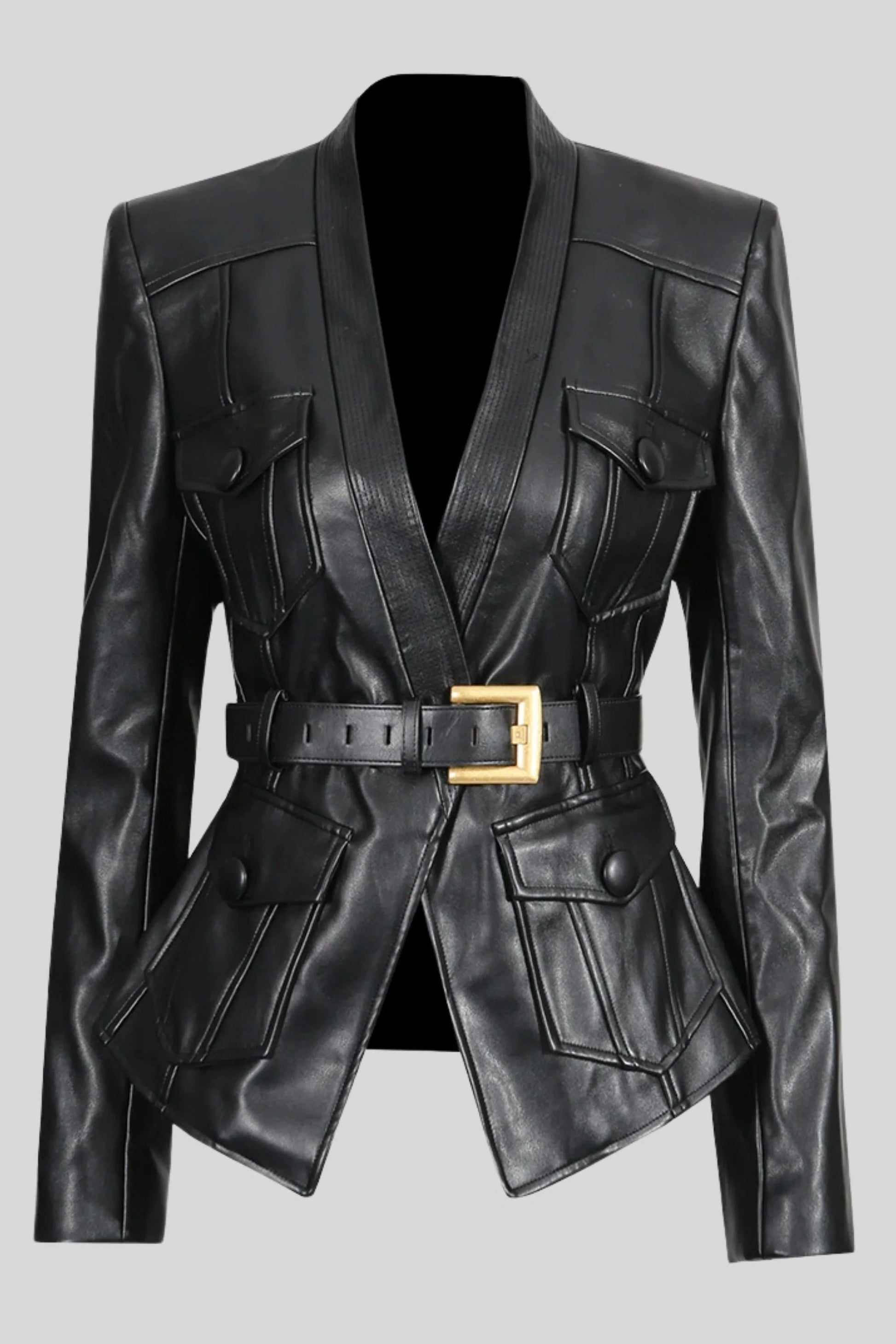 Faux Leather Belted Blazer Black