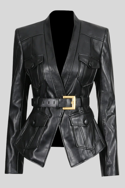 Faux Leather Belted Blazer Black