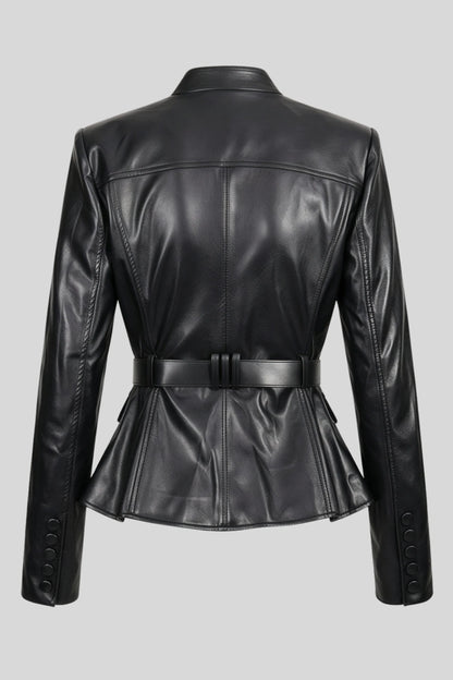 Faux Leather Belted Blazer Black