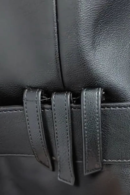 Faux Leather Belted Blazer Black