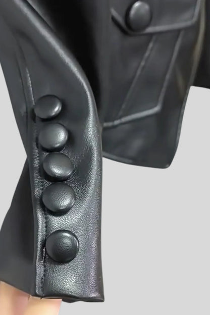 Faux Leather Belted Blazer Black