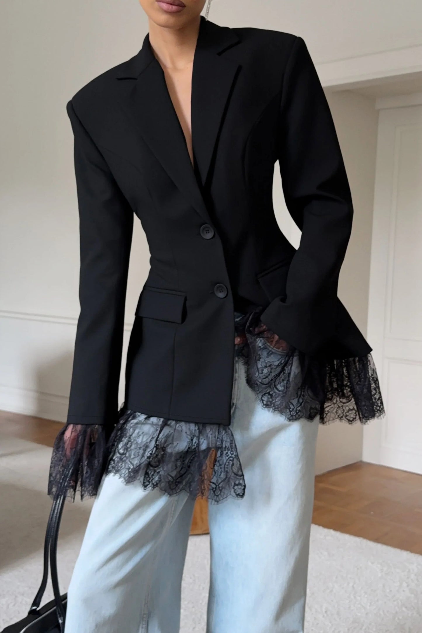 Fitted blazer with lace trim Black