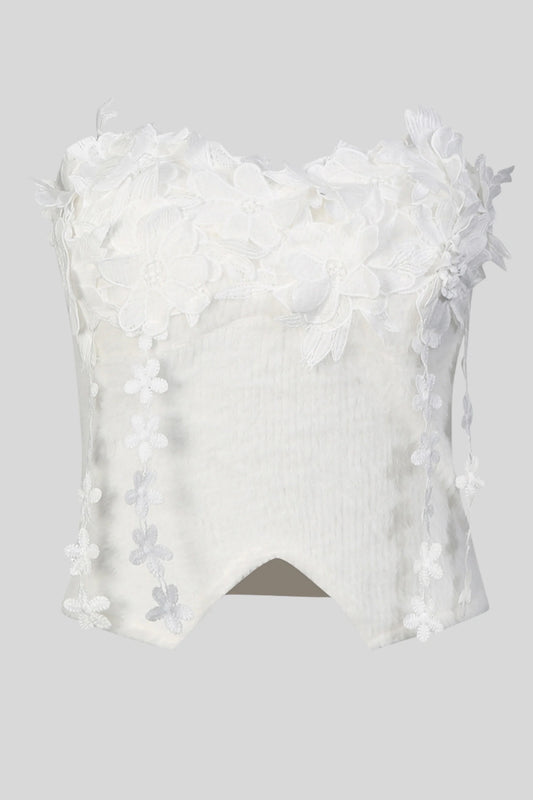 Floral Appliqué Strapless Corset Top White