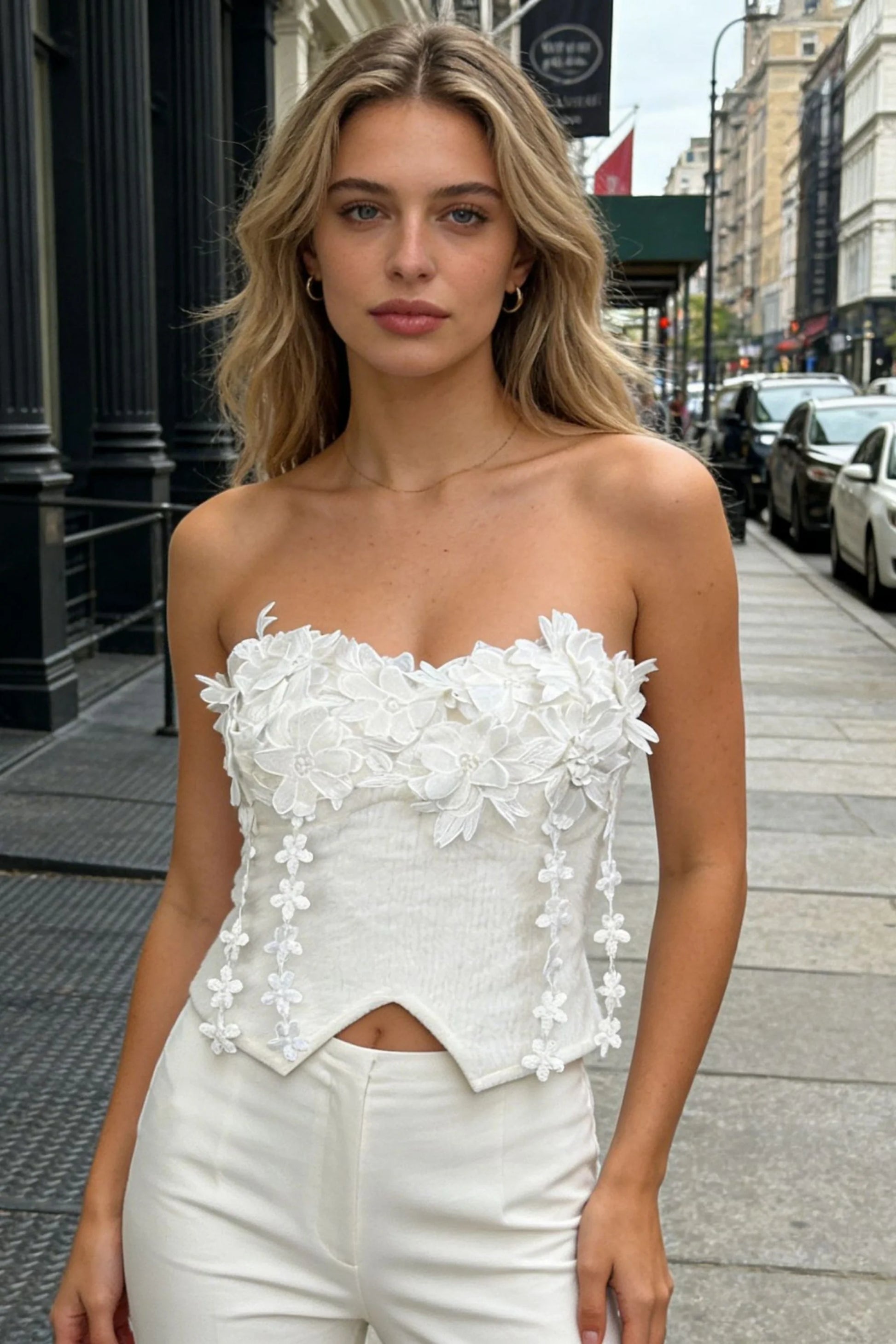 Floral Appliqué Strapless Corset Top White