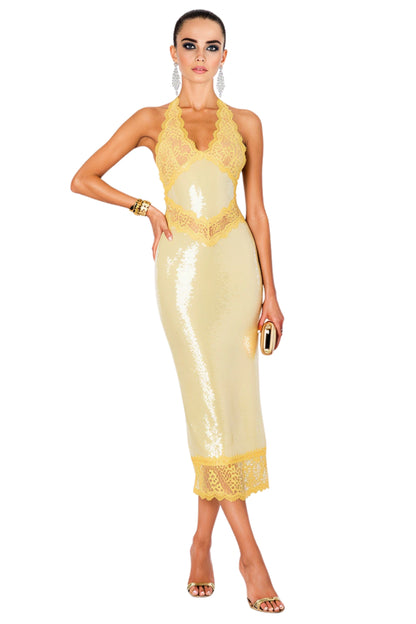 Gold Sequin Slip Midi Dress with Lace Trim