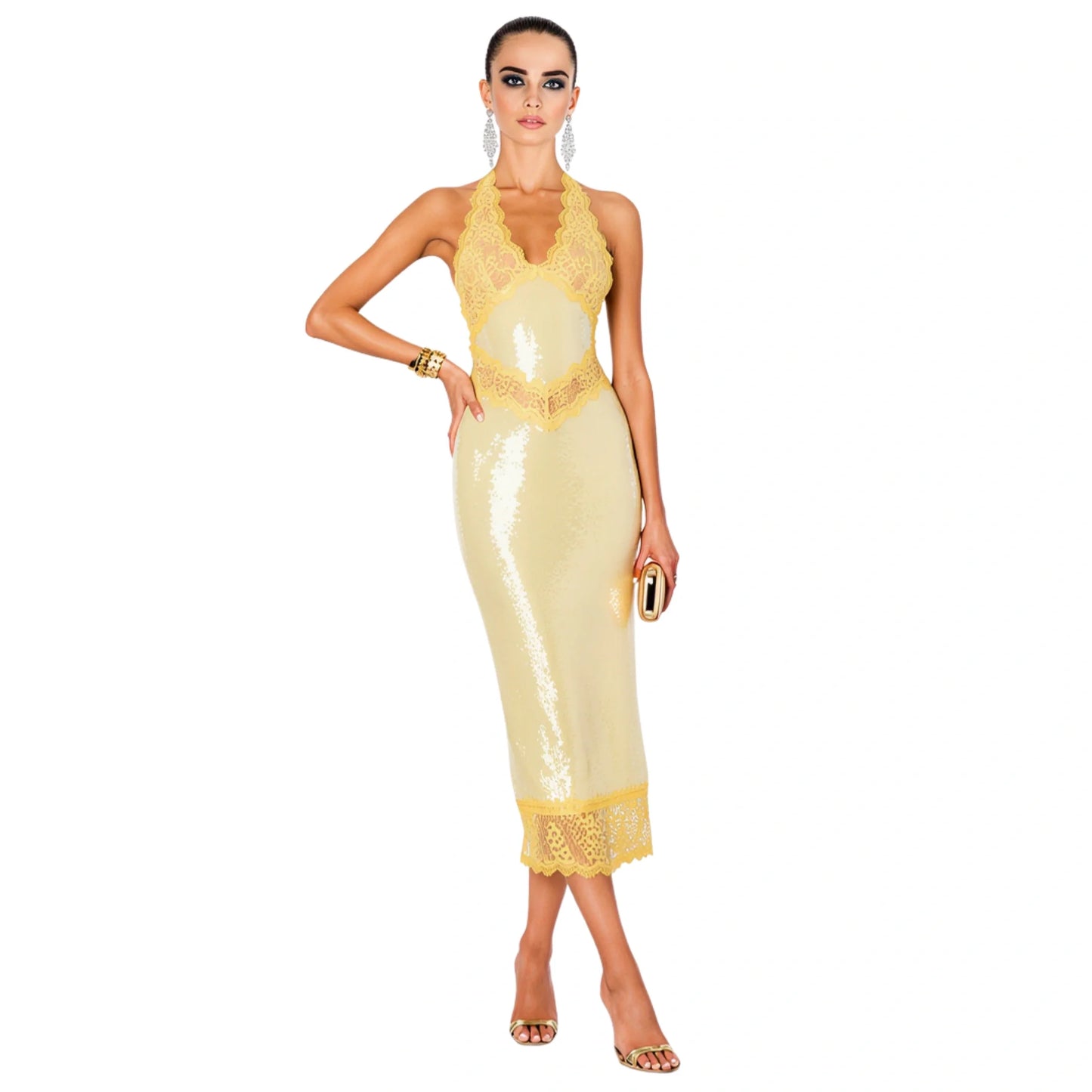 Gold Sequin Slip Midi Dress with Lace Trim Gold