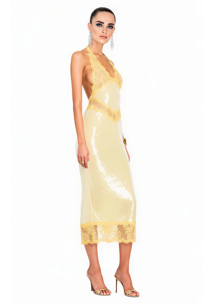 Gold Sequin Slip Midi Dress with Lace Trim Gold