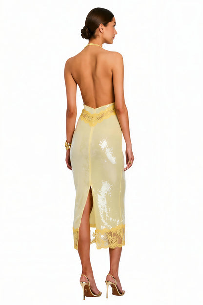 Gold Sequin Slip Midi Dress with Lace Trim Gold