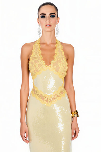 Gold Sequin Slip Midi Dress with Lace Trim Gold