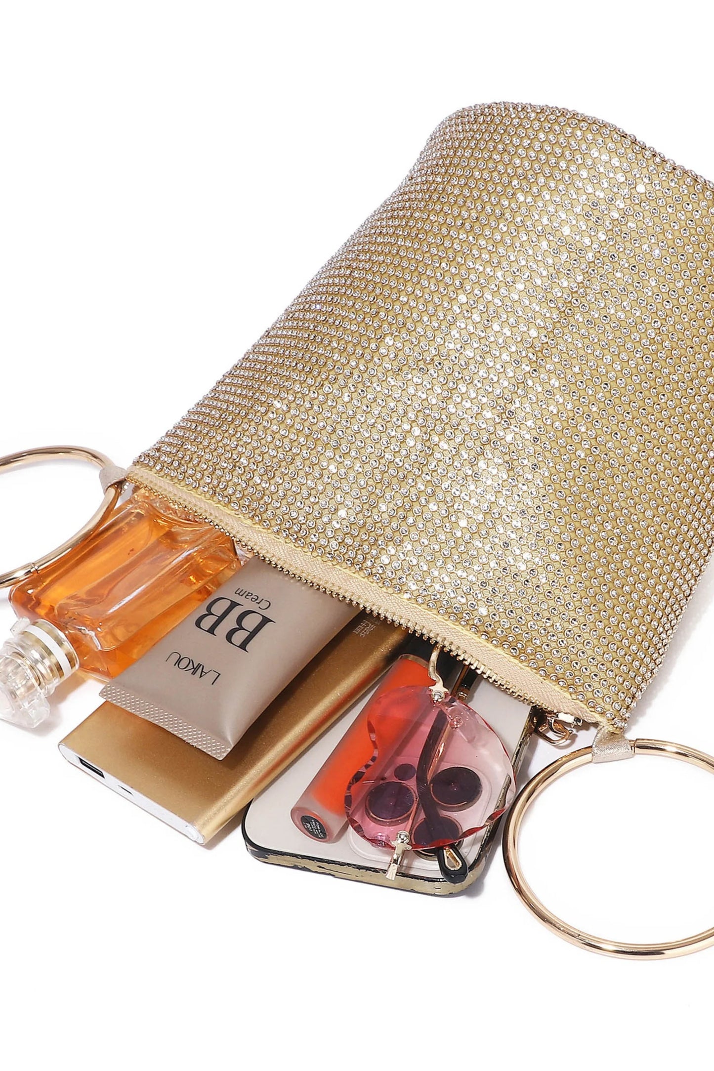 Gold Crystal Rhinestone Ring-Handle Evening Bag Gold