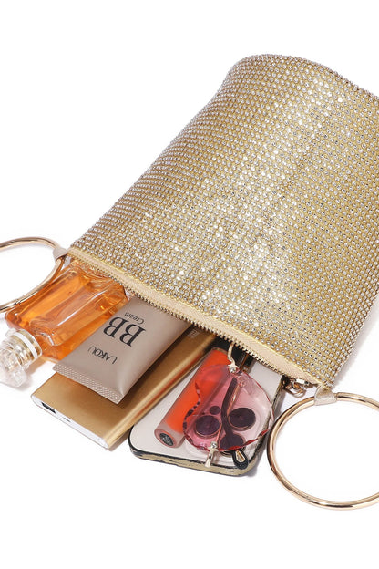 Gold Crystal Rhinestone Ring-Handle Evening Bag Gold