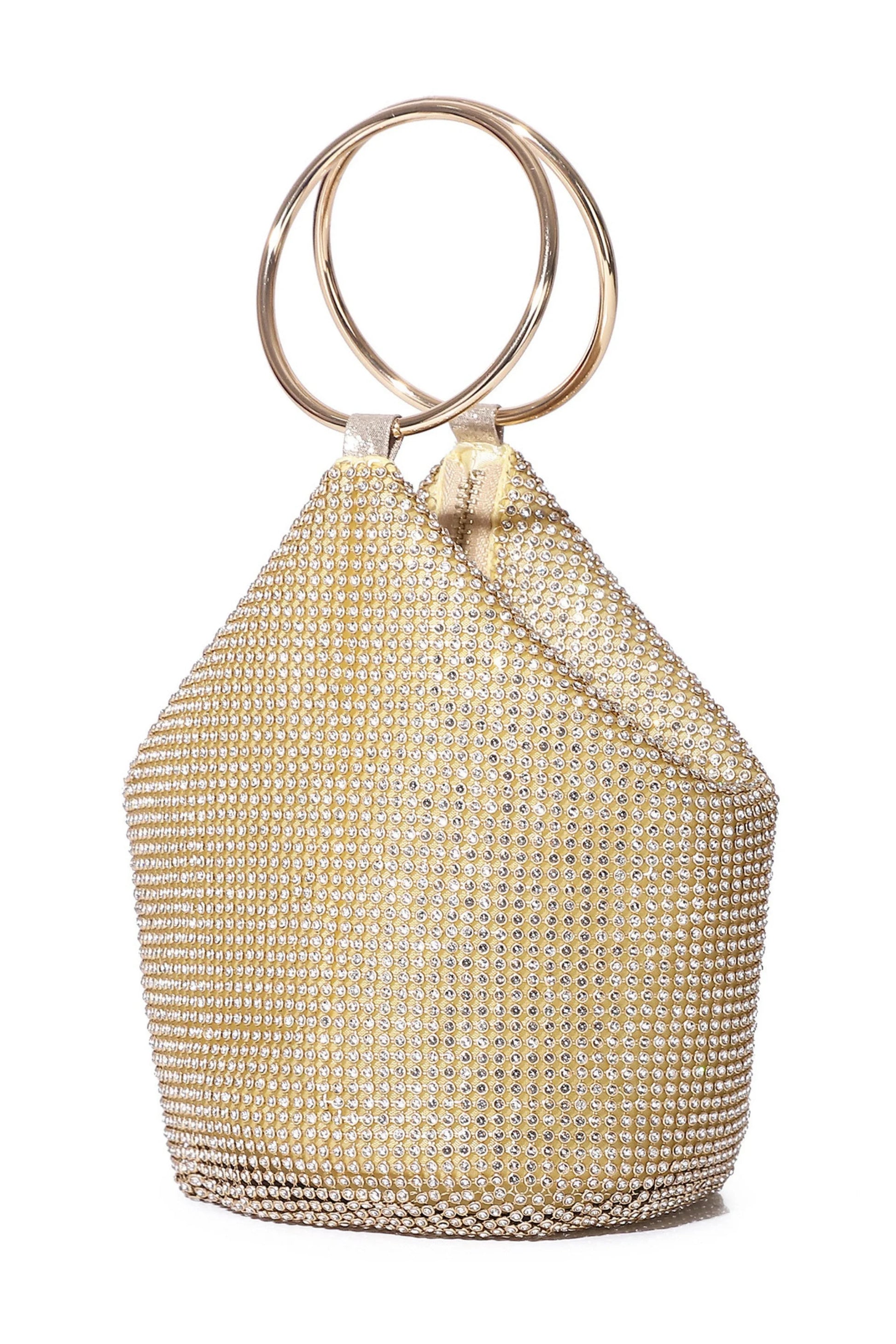 Gold Crystal Rhinestone Ring-Handle Evening Bag Gold